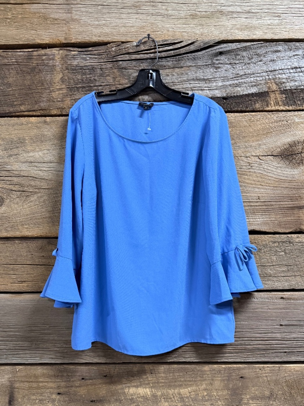 Talbots blouse with ribbon and ruffle detail on sleeve hem, blue, Large